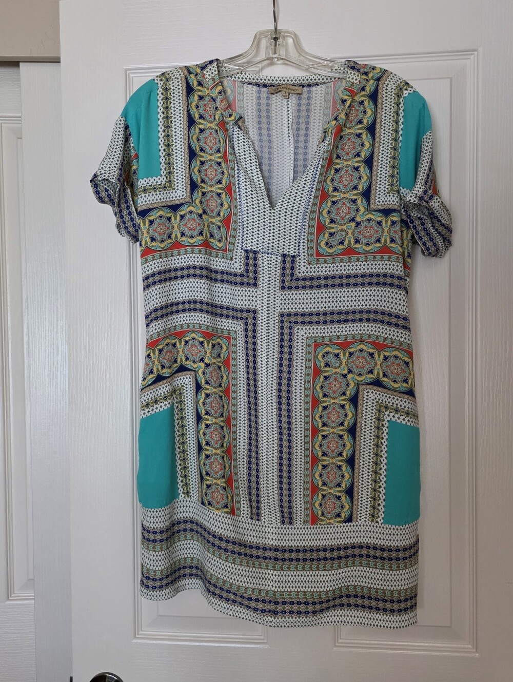 Democracy Mini Dress/Tunic Multicolor Print with Blue & Teal Accents. Sz S